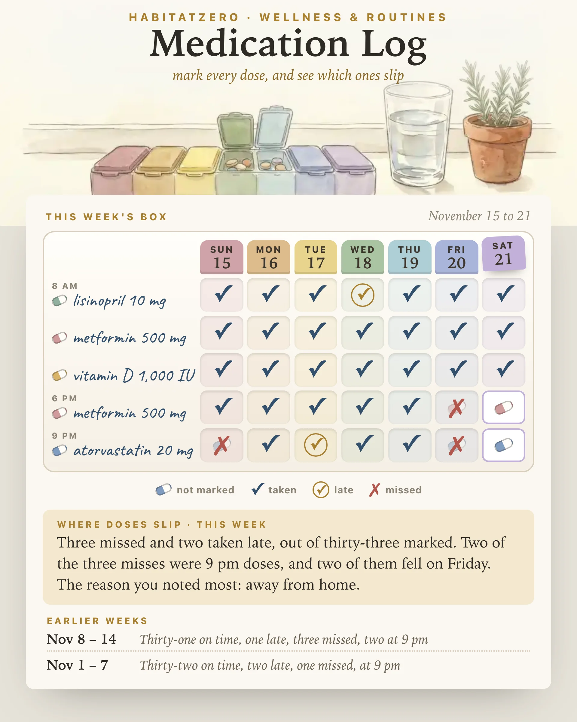 Medication Log — Wellness & Routines interactive worksheet preview
