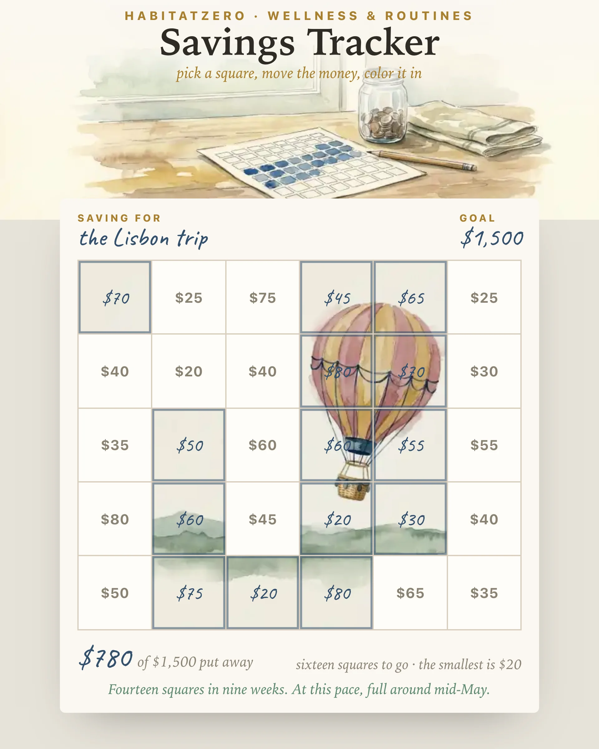 Savings Tracker — Wellness & Routines interactive worksheet preview