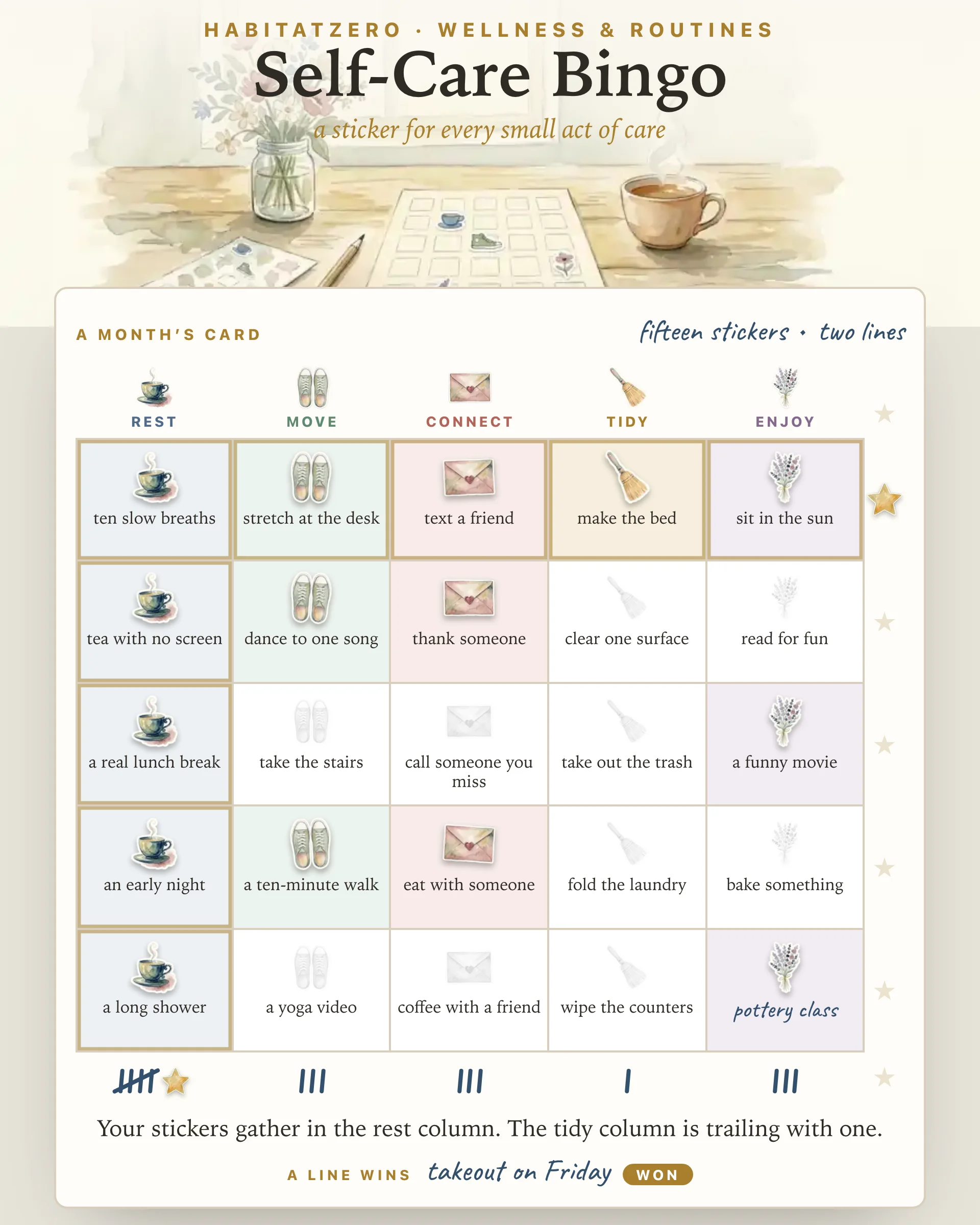 Self-Care Bingo — Wellness & Routines interactive worksheet preview