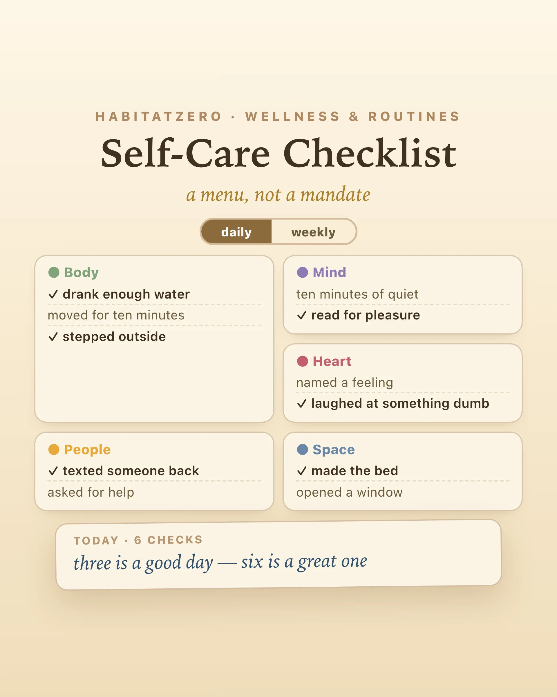 Self-Care Checklist — Wellness & Routines interactive worksheet preview